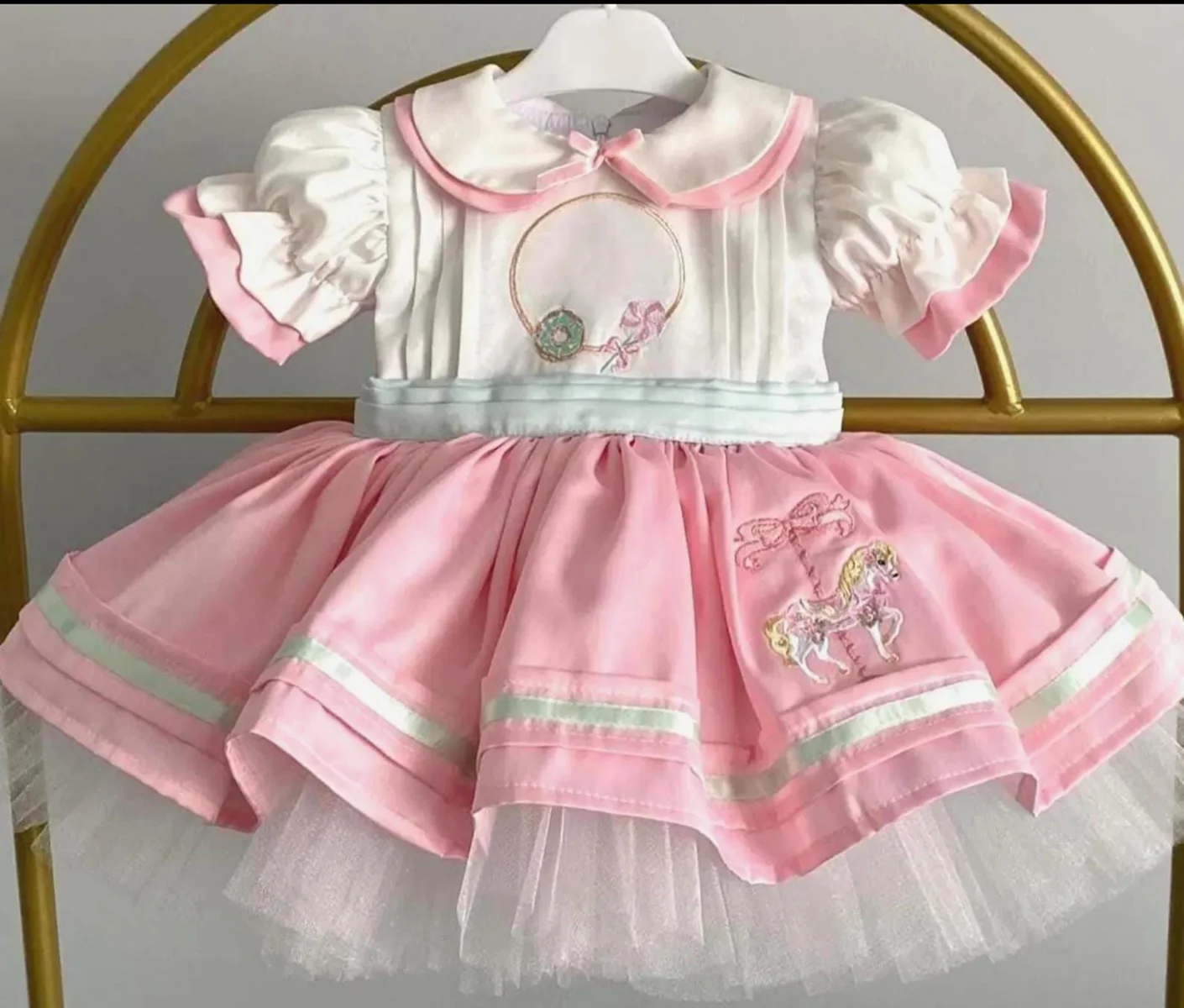

Summer Girl Sweet Carousel Embroidery Mint Green Bow Pink White Puffy Dress for Casual Party Birthday Wedding Photography