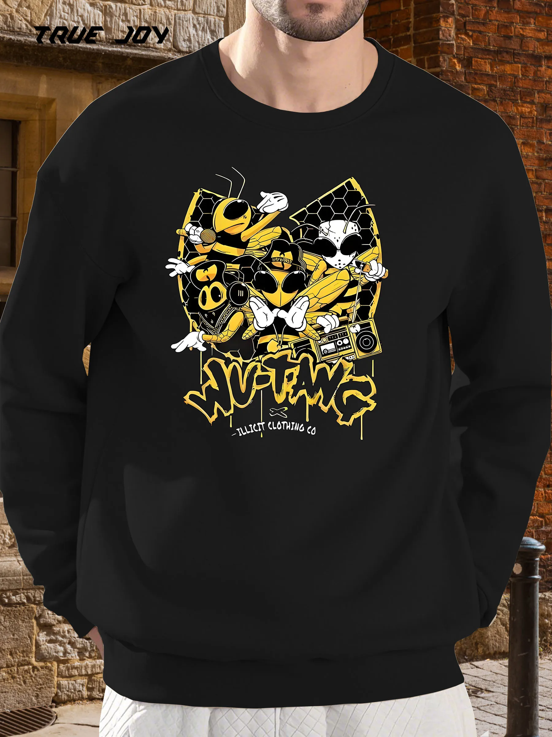 

Мужская повседневная толстовка с круглым вырезом и креативным английским принтом «Шмель», полиэстер, свободный крой, легкая стрейч