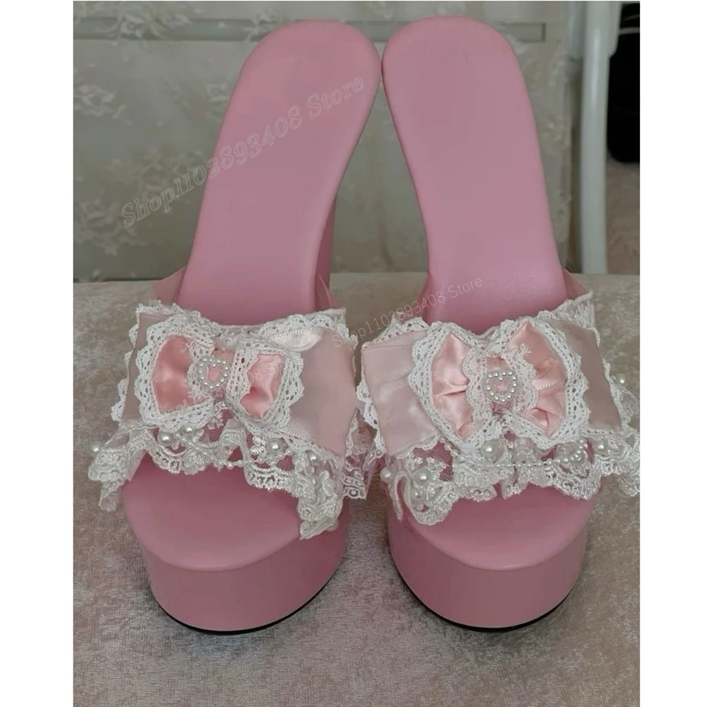 Pink Satin Lace Butterfly Knot Slippers Platform Pearls Stiletto High Heel Fashion Sexy Women Shoes 2024 Zapatos Para Mujere