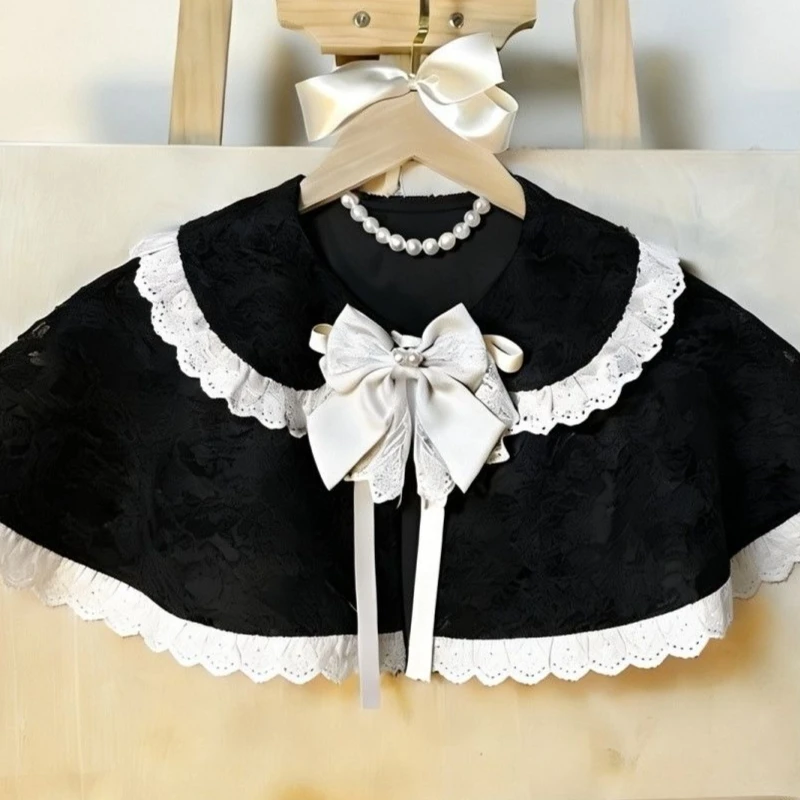 Japanese Sweet Cute Lolita Style Coats Women Kawaii Lace Parchwork Bow Peter Pan Collar Cloak Tops Girls Y2k Vintage Mini Capes