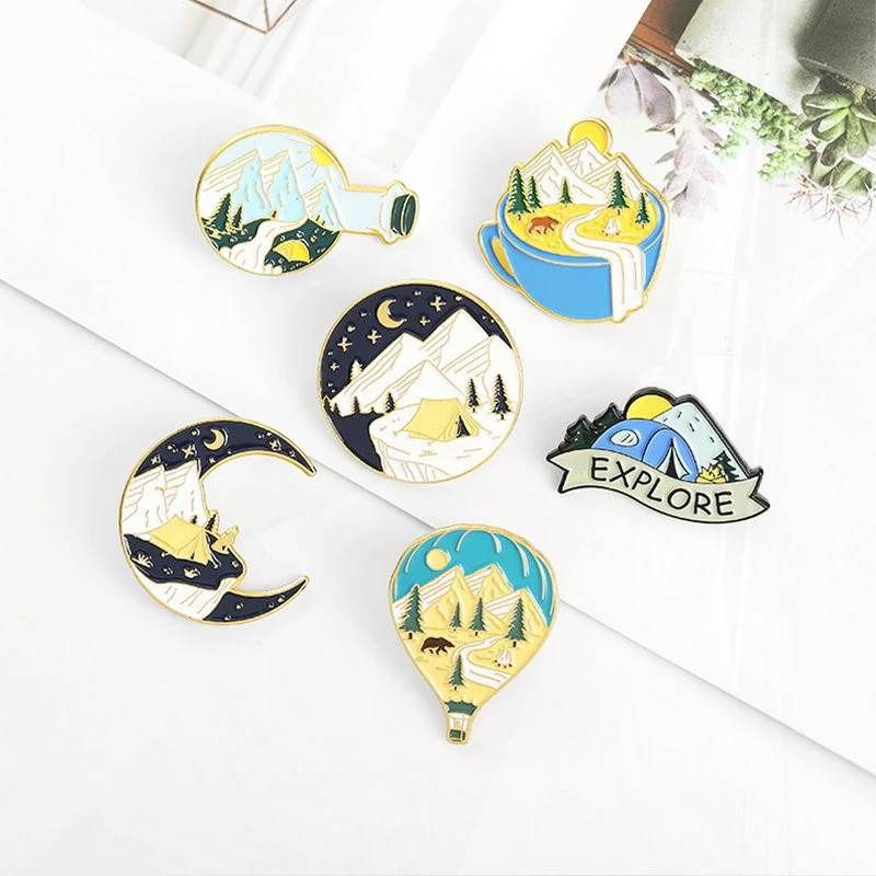 Pin de paisaje Natural para solapa, broche de esmalte personalizado para exteriores, regalo de joyería de dibujos animados, Cam, Pinsg Adventure