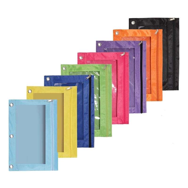 8 Pack 3 Ring Zipper Pencil Pouch Colorful Fabric Pencil Case Sturdy And Durable Binder Pouch With Clear Window