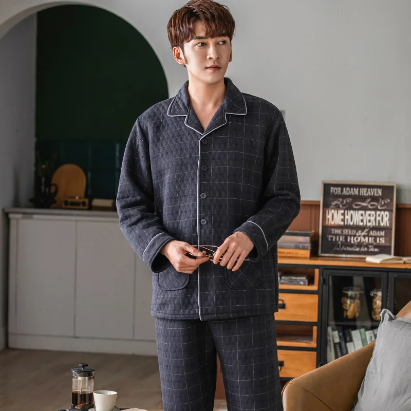 Winter Keep Warm Thin Quilted Pajama Sets for Men Long Sleeve Air Cotton Interlayer Sleepwear Loungewear Homewear Home Clothes