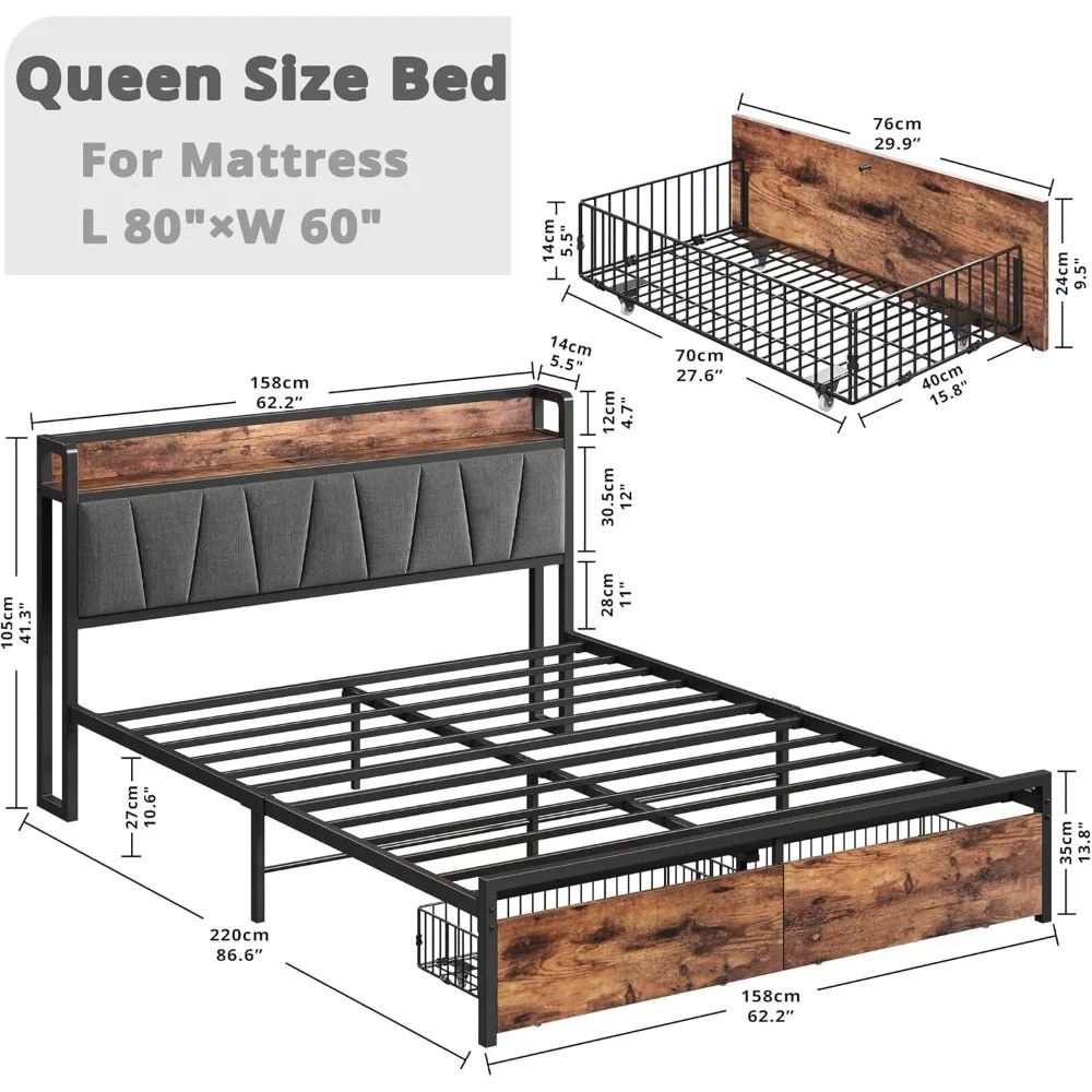 Bed Frame, Storage Headboard with Charging Station, Platform Bed with Drawers, No Box Spring Needed, Easy Assembly
