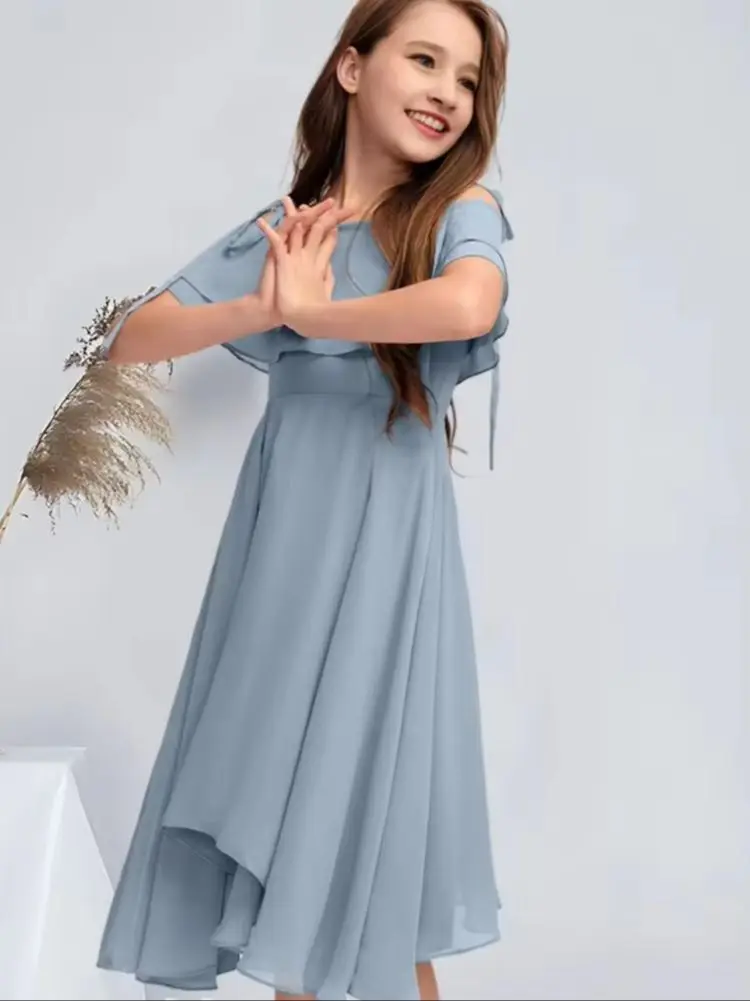 

BZ Kids A-line Off the Shoulder Asymmetrical Chiffon Junior Bridesmaid Dress With Cascading Ruffles Blue Flower Girl Dress Teens