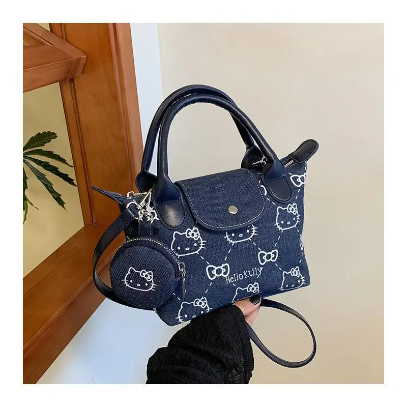 

Hello Kitty Denim Handbag Cute Cartoon Crossbody Bag with Mini Coin Purse Vintage Blue Tote Bag Fashion Shoulder Bag for Travel