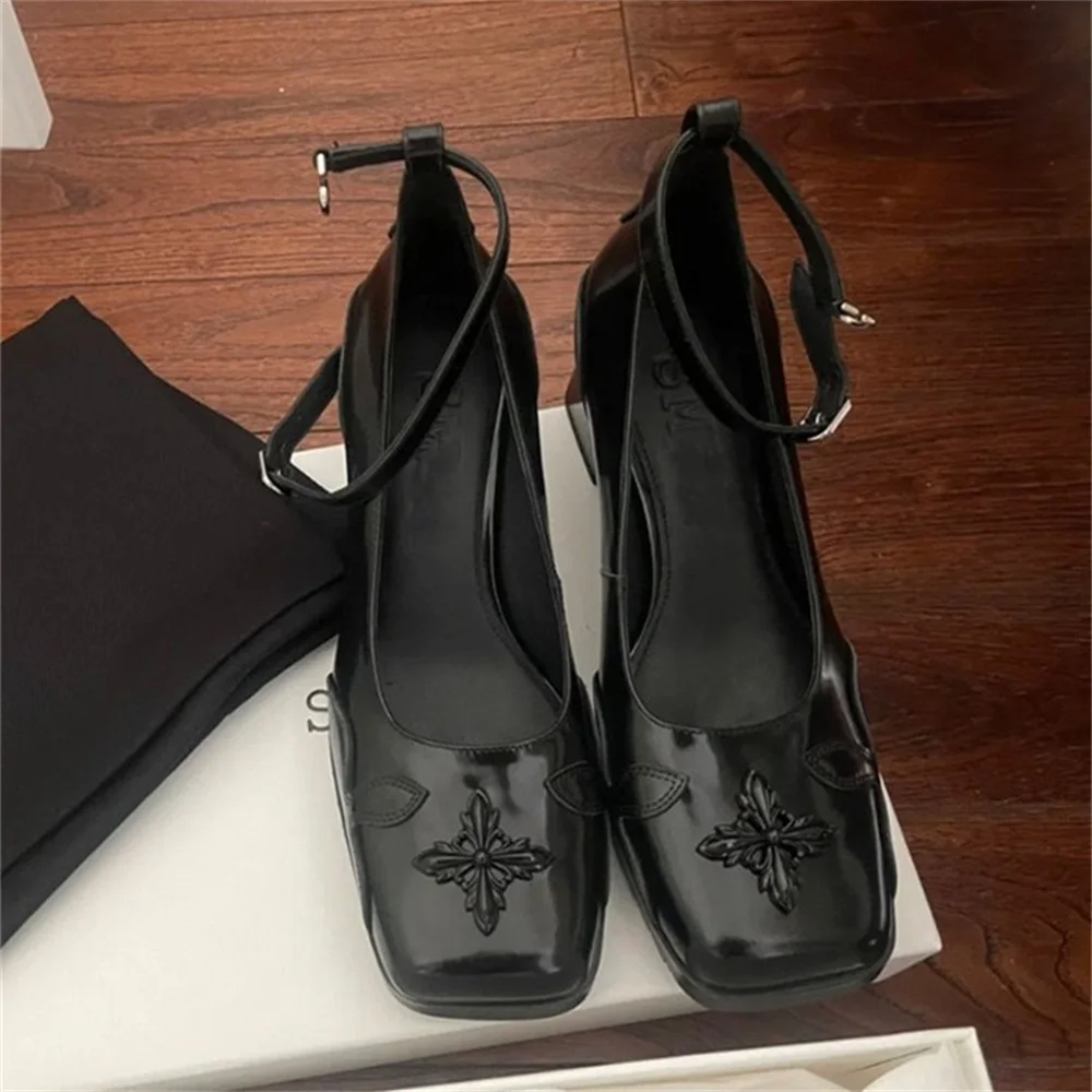 Lolita Vintage Gothic Style Y2K Square Headed Thick Heels Cross High Heels Women's New One Line Buckle Mary Jane Single Shoes