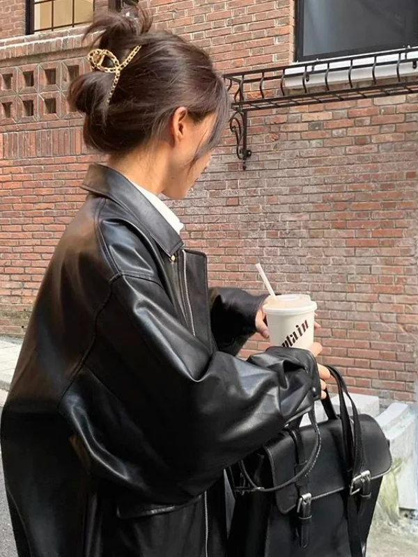 Bruin leren jack Dames retro mode trend motorjas korte jas warm ander materiaal standaard pasvorm