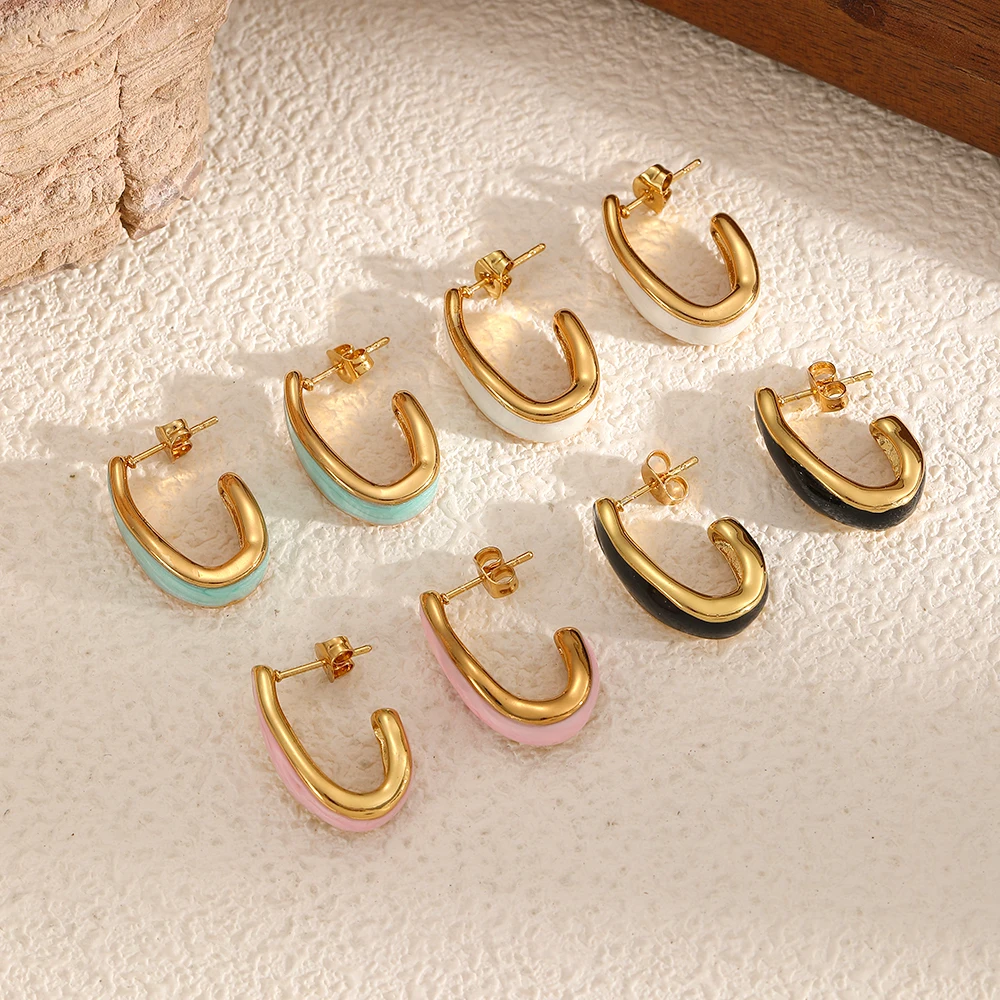 Pendientes de aro de acero inoxidable con forma de C para mujer, aretes de aro con esmalte blanco y negro, accesorios de joyería