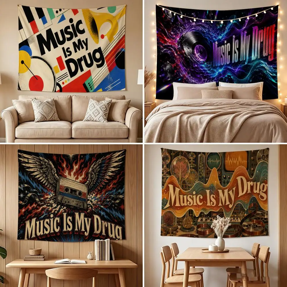 Music Is My Drug Quote Tapestry Custom Living Bedroom Party Dormitory Interior Wall Bohemian Decoration Attached Clip