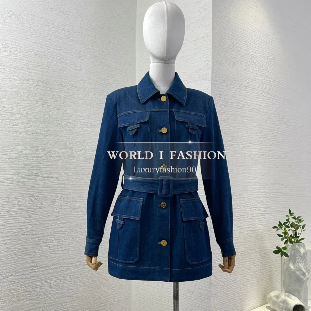 

Casual Navy Blue Denim Lapel Jacket Tops Cotton 2025 New Fashion