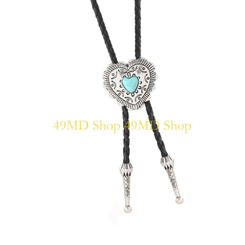 49MD Elegant Bolo Tie with Stone Pendant Carved Necktie Western Necklace Cool Bolo Tie Western Cowboy Costume
