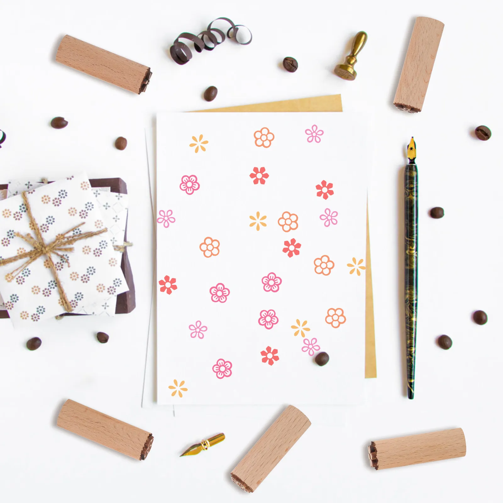 Wooden Flower Stamps 5 Piece Set Natural Wood Floral Craft Stamps for Scrapbooking Planners DIY Decor