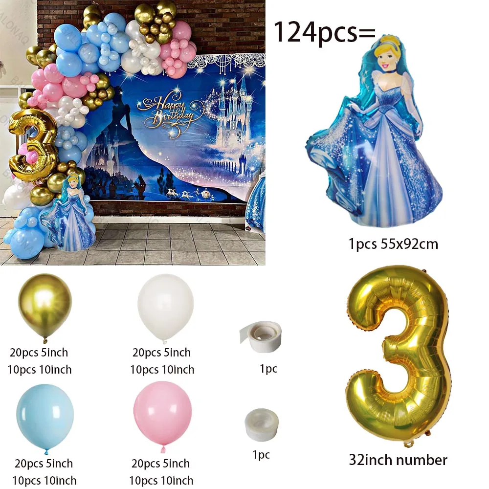 124pcs Disney Cinderella Princess Balloon Set Gold Number Foil Balloons Girl Kids 1st Birthday Party Baby Shower Decorations