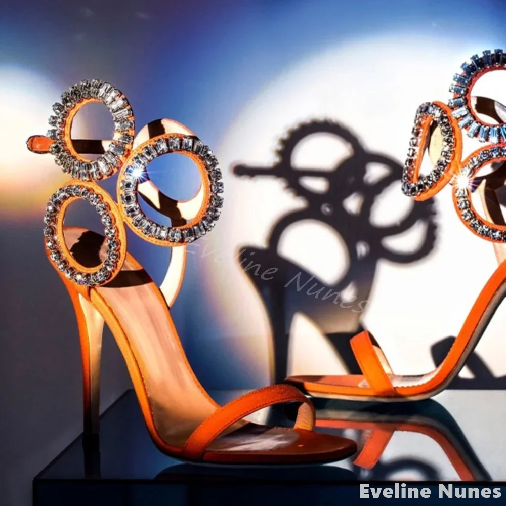 Circle Rhinestone One Word Belt Sandals Women Round Toe Stiletto Heel Solid Wedding Dress Shoes 2025 New Fashion Luxury Sandals