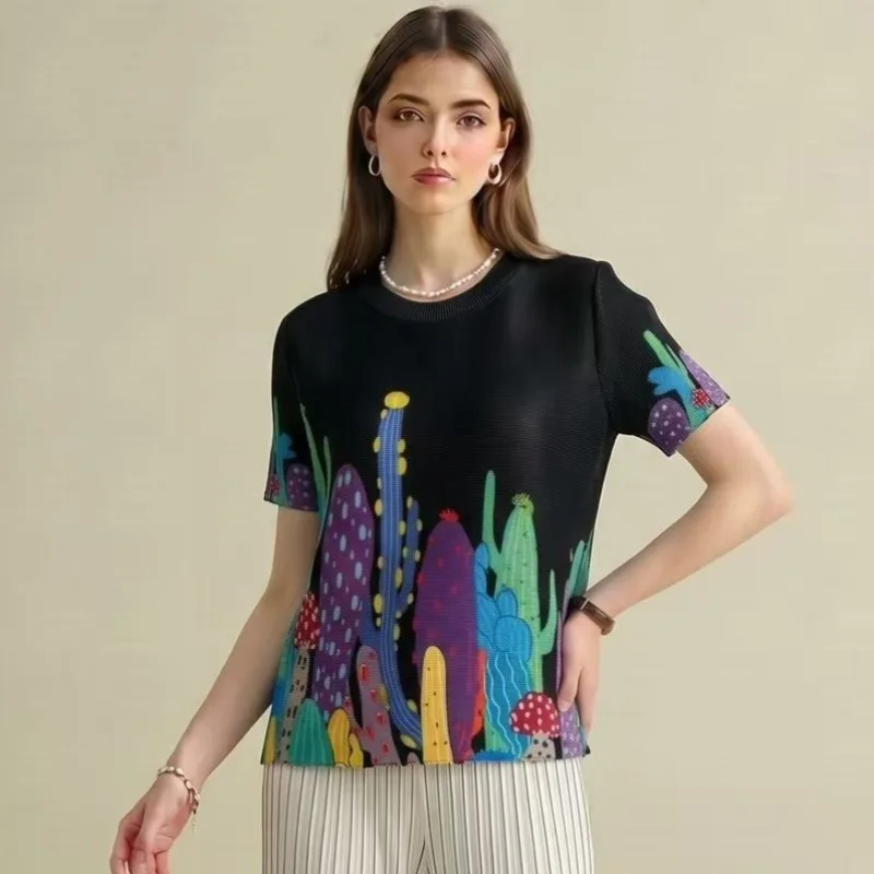  Pleated T-Shirt 2026 Summer New Cactus Print Fashion Commuter Casual Round Neck Top Women's Stretch Plus Size Clothing