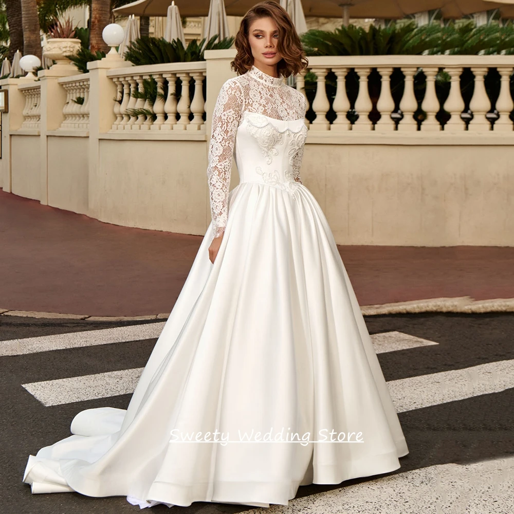 Customized Wedding Dress Vestidos De Novia Modern Long Sleeves High Neck Pearls Lace Applique Sweep Train Corset Bride Gown