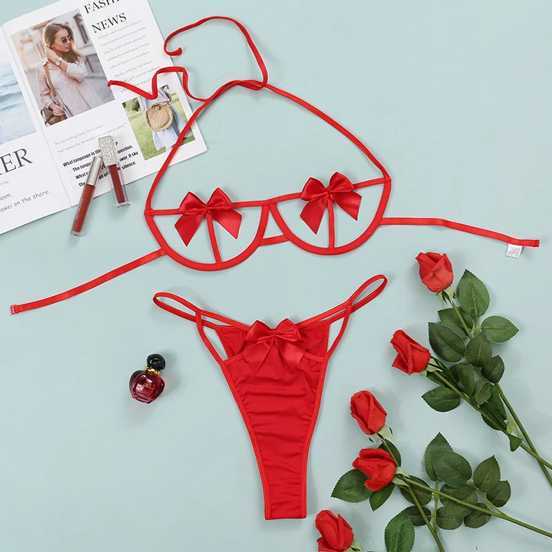 Body Sexy de tirantes para mujer, conjunto de ropa interior con Sujetador de encaje a la moda, ligas huecas transparentes, Tanga con lazo Sexy, conjuntos de lencería