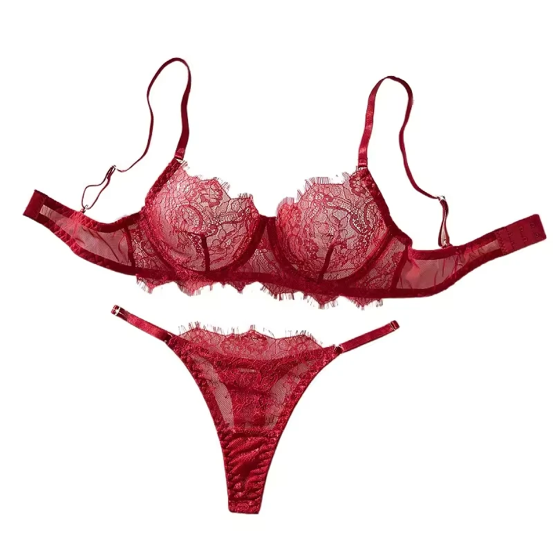 

See Through Eyelash Lace Thin Bra Thong Womens Black Floral Pattern Charming Stunning Attractive Alluring Sexy Lingerie Set