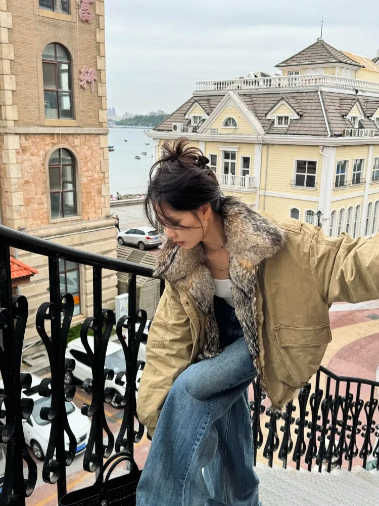 Fashion All-match Fur Collar Korean Parkas Winter Casual Street Vintage Denim Jackets 2025 Subcultural Y2k Japanese Coat Women