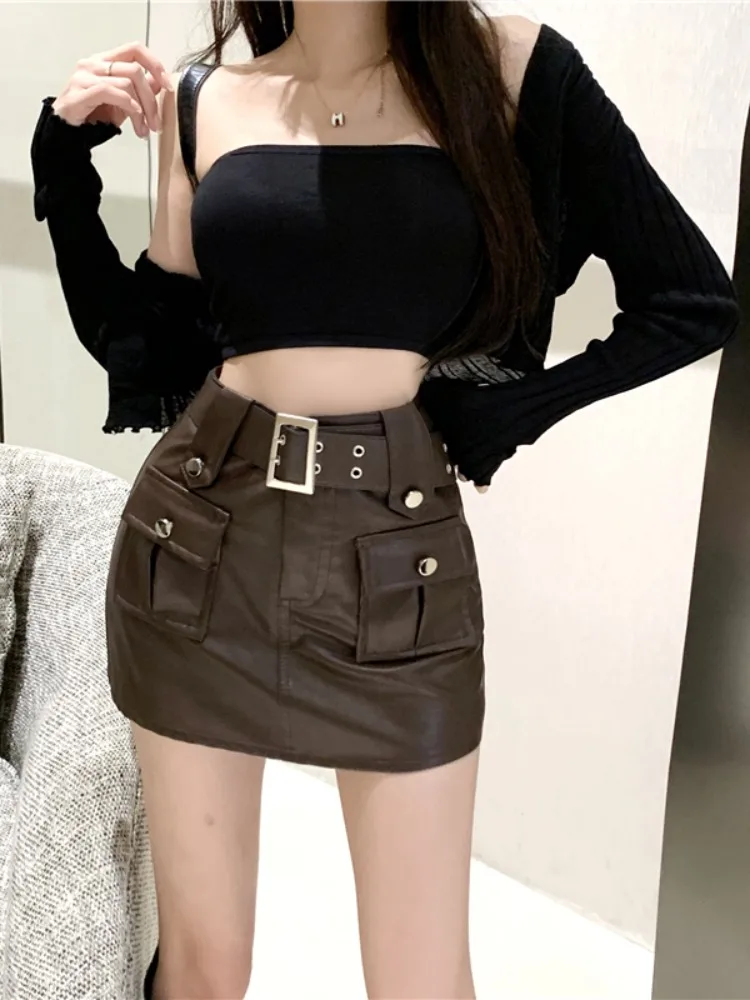 Stylish PU Leather  Skirt with Pockets Slim Fit A-Line Women's Fashion Workwear Short Skirts Sweet Cool Commute Style