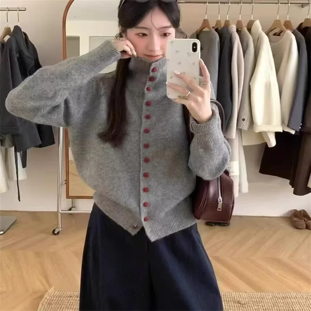 Korean Style High Collar Loose Knitted Sweater Single Button Soft Comfortable Fashion Design Women's Cardigan Sweater Clothes