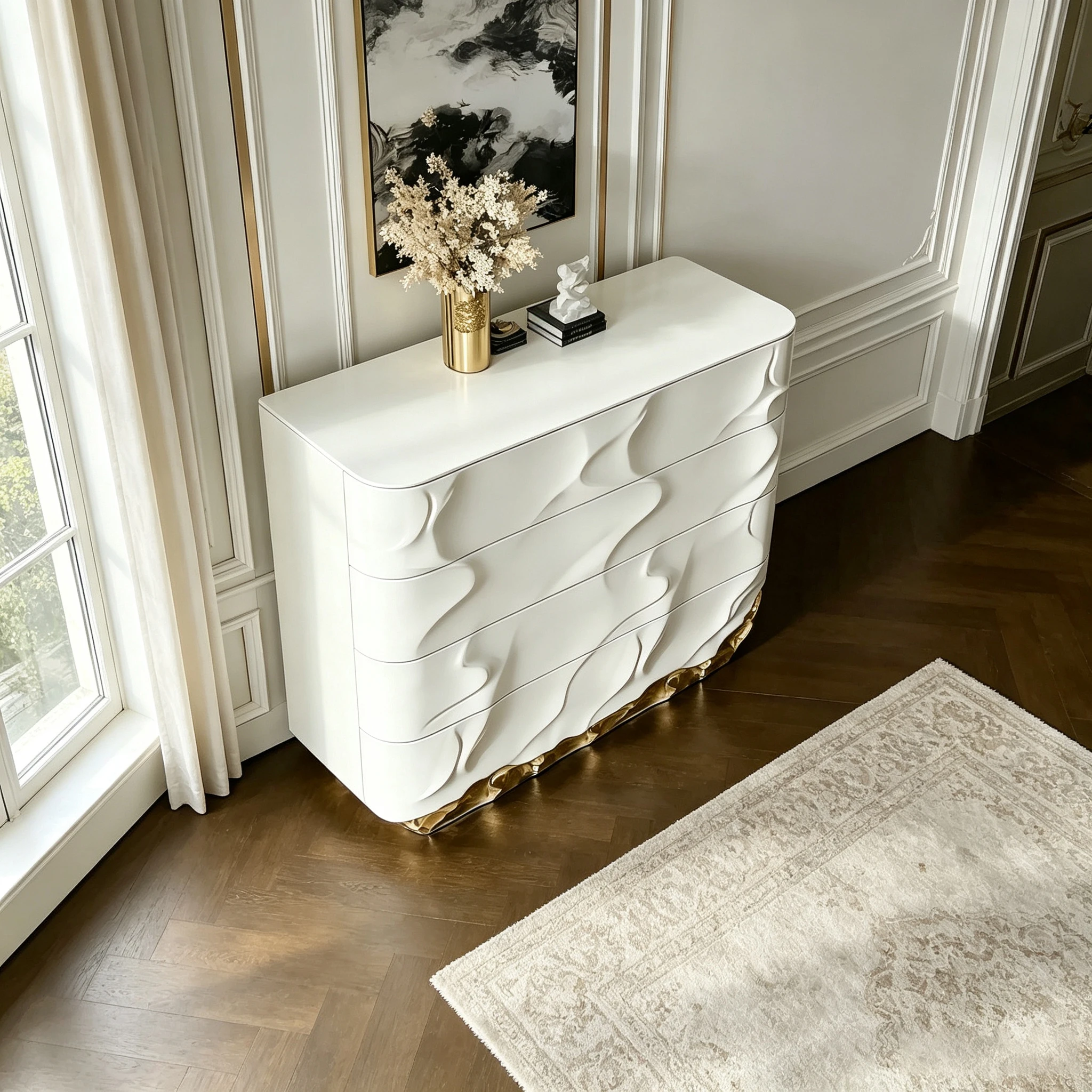 M*-Luxury 4 Drawer Wave Textured Dresser Gloss Surface Golden Ripple Frame Storage Chest For High End Residential
