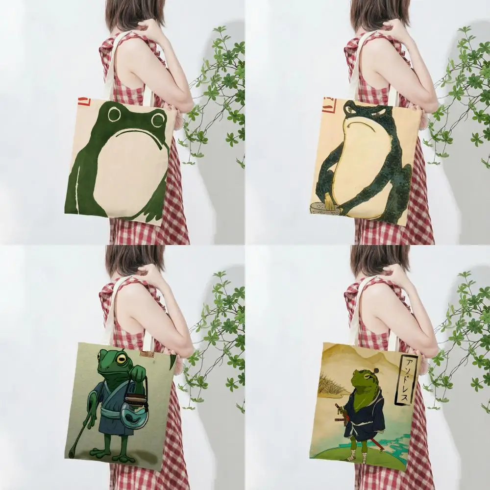 Popular Modern Whimsical Japanese Funny Frogs Storage Bags Lightweight Printed Canvas Bag Portable Daily Shopping Shoulder Bag