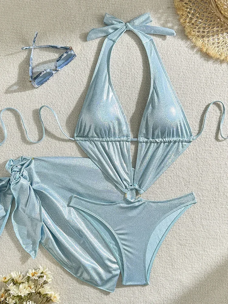 2025 New Summer Swimwear Bikinis Set Sexy Laced Up Hollow Out One Piece Swimsuit 2 Piece Set Women High Waist Solid Beach Bikini
