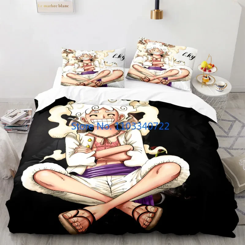 Anime One-Pieces Bedding Set Cartoon Nika Luffy Gear 5 Duvet Cover Quilt Bedclothes Children Kids Bedroom Twin Single Size