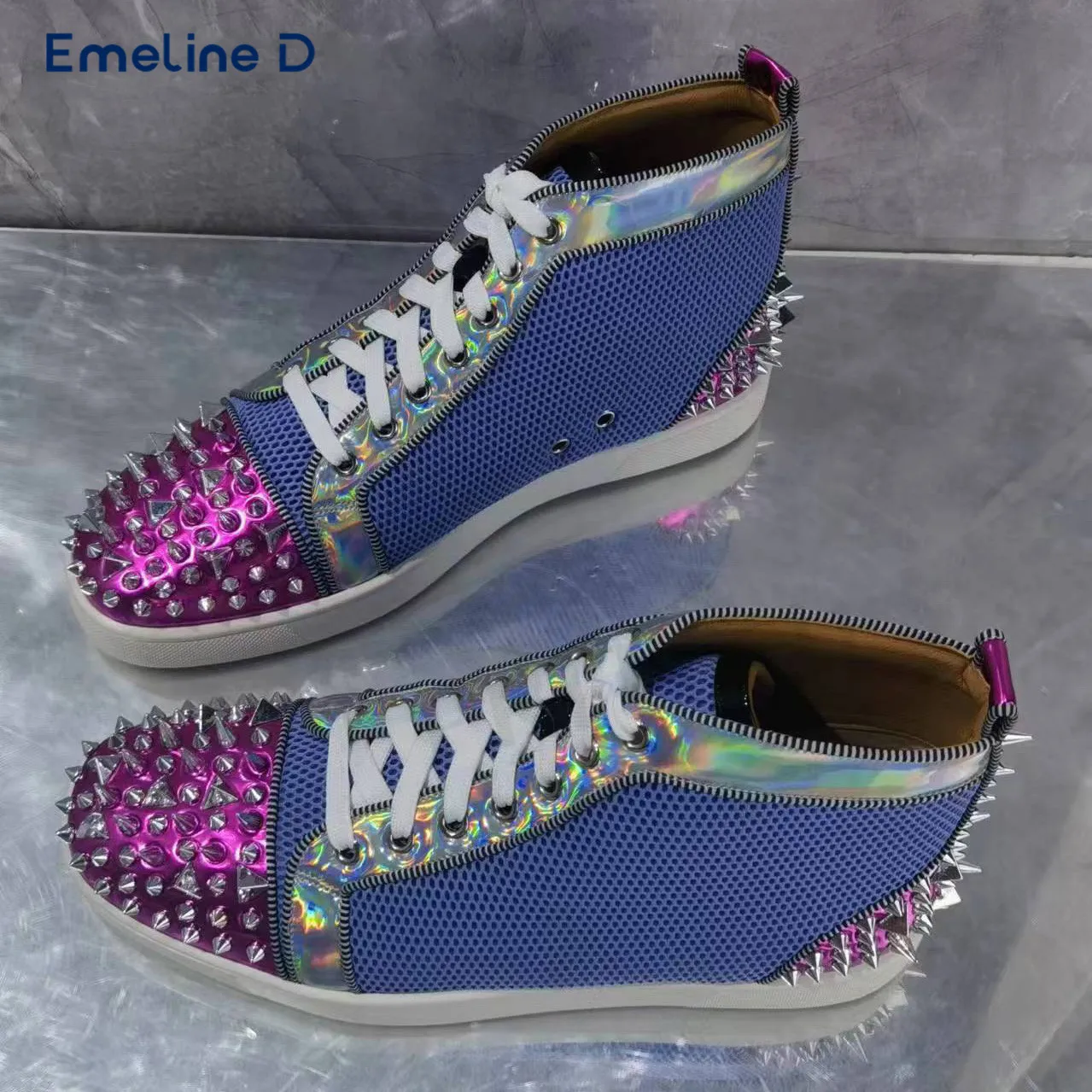 Studded Purple Shiny Round Toe Casual Shoes Grid Rivet Lace-Up Slip-On Ankle Sneakers Unisex Large Size Fashion Shoes