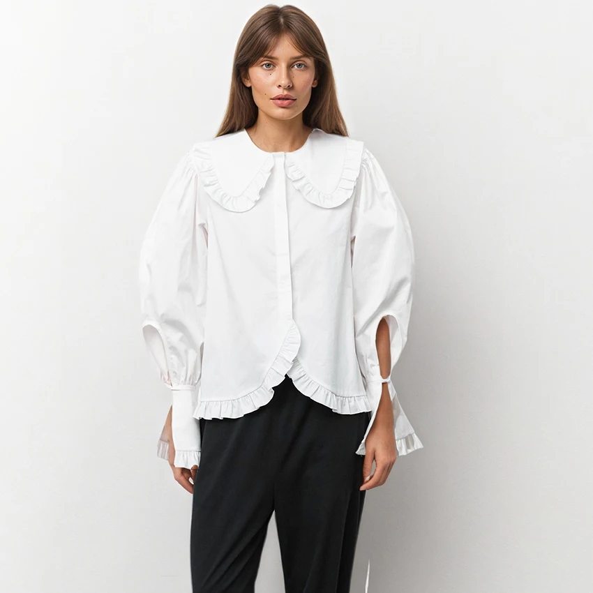 Linad بلوزة كلاسيكية بياقة مكشكشة بيضاء للنساء قمصان أنيقة بأكمام مضيئة للخريف قطع علوية غير رسمية بأكمام طويلة 2025 بوهو