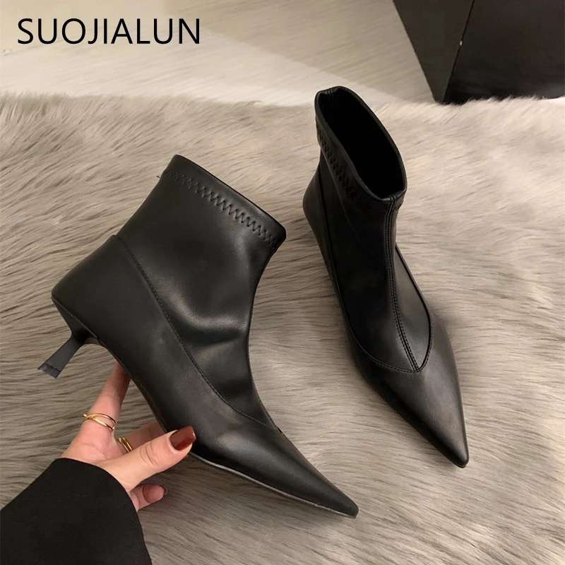 SUOJIALUN 2024 New Brand Women Ankle Boots Fashion Pointed Toe Slip On Ladies Elegant Short Boots Thin High Heel Dress Pumps Sho