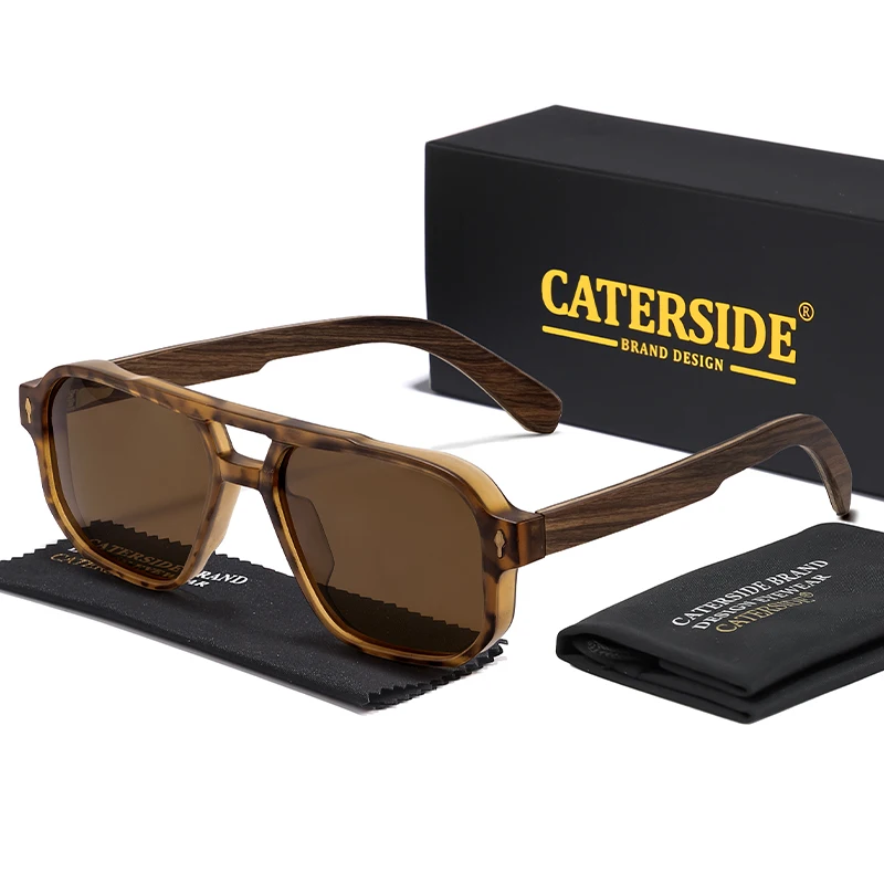 CATERSIDE Polarisierte Piloten-Sonnenbrille für Herren, UV400, Premium-TR-Rahmen und Holzbügel, Retro-Sonnenbrille im quadratischen Design zum Fahren und Angeln – Detail 12