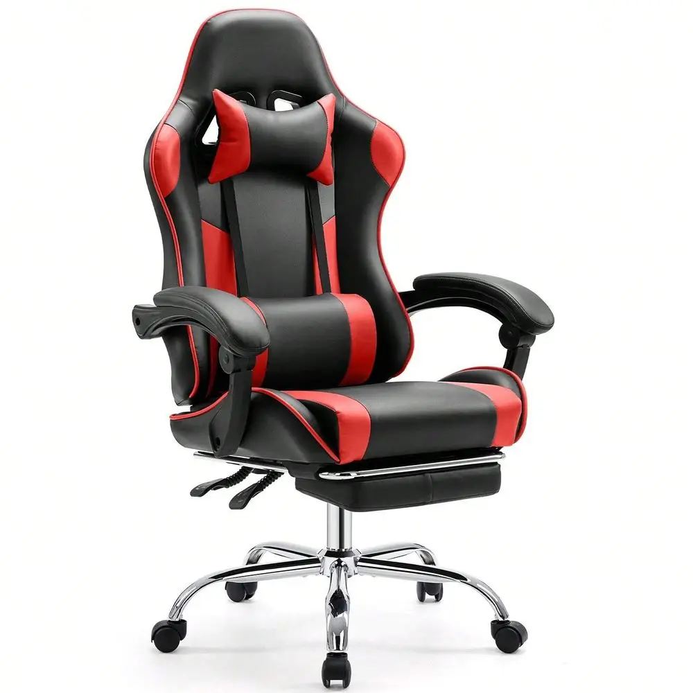 Gaming Recliner Chair Ergonomic Computer Desk Chair with Footrest Lumbar Support PU Leather Headrest Fixed Armrests