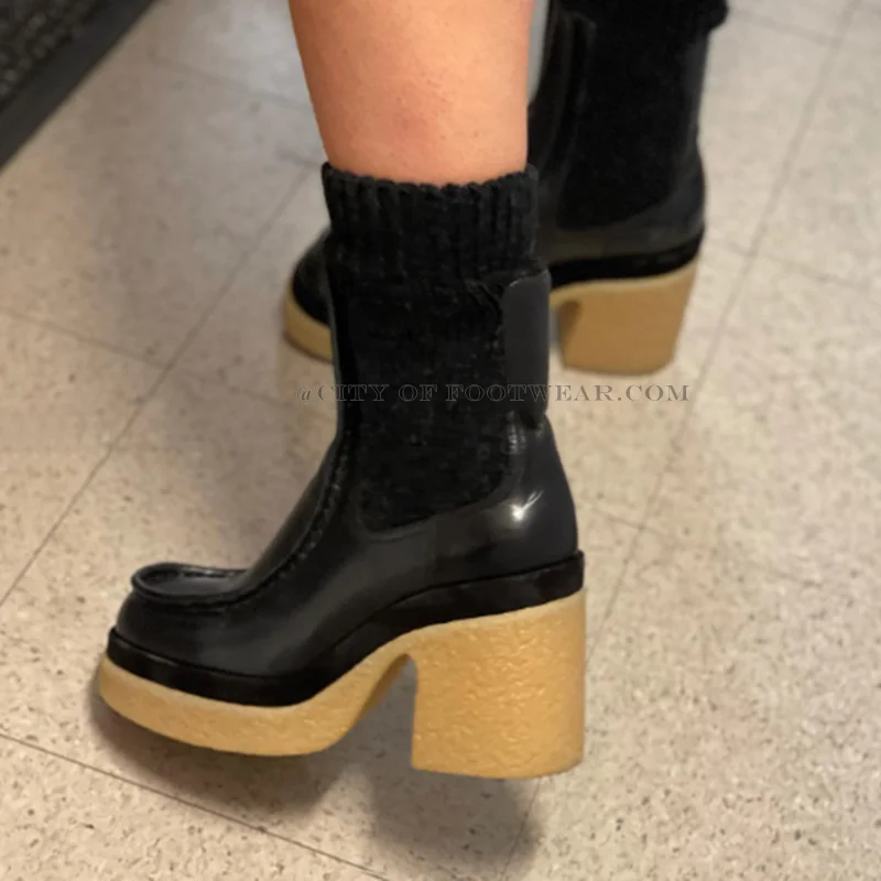 Soft Block Heel Sock Boots Women Real Leather Top Quality 10CM High Heels Booties Luxury Designer Comfy Causal Dress Shoes 2023