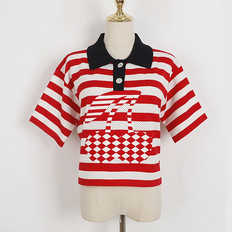 

Summer New Women Knitted T-shirt Striped Polo Collar Lapel Red and White Checkerboard Stripe Cherry Knitted Short Sleeve Top