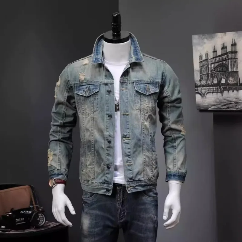 

Men Denim Jackets New Youthful and Handsome Top Fashionable Loose Casual Jacket Lapels Pockets Spliced Designs Break Hole Coats