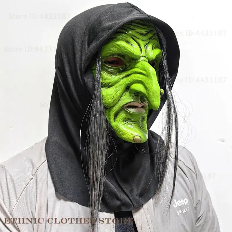 Halloween Horror Witch Mask with Hat Cosplay Scary Clown Hag Latex Masks Green Face Big Nose Old Women Costume Props Headwear