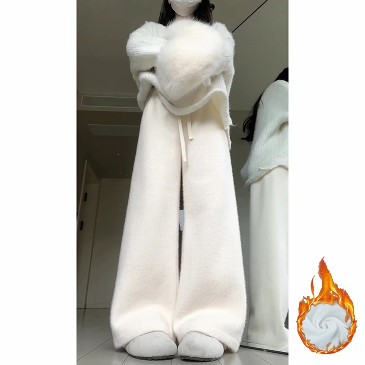 Thiened ニットミンクファー裏地付きカジュアルパンツ女性の秋冬ハイウエストストレートレッグ暖かいレジャーパンツ通勤 Sle