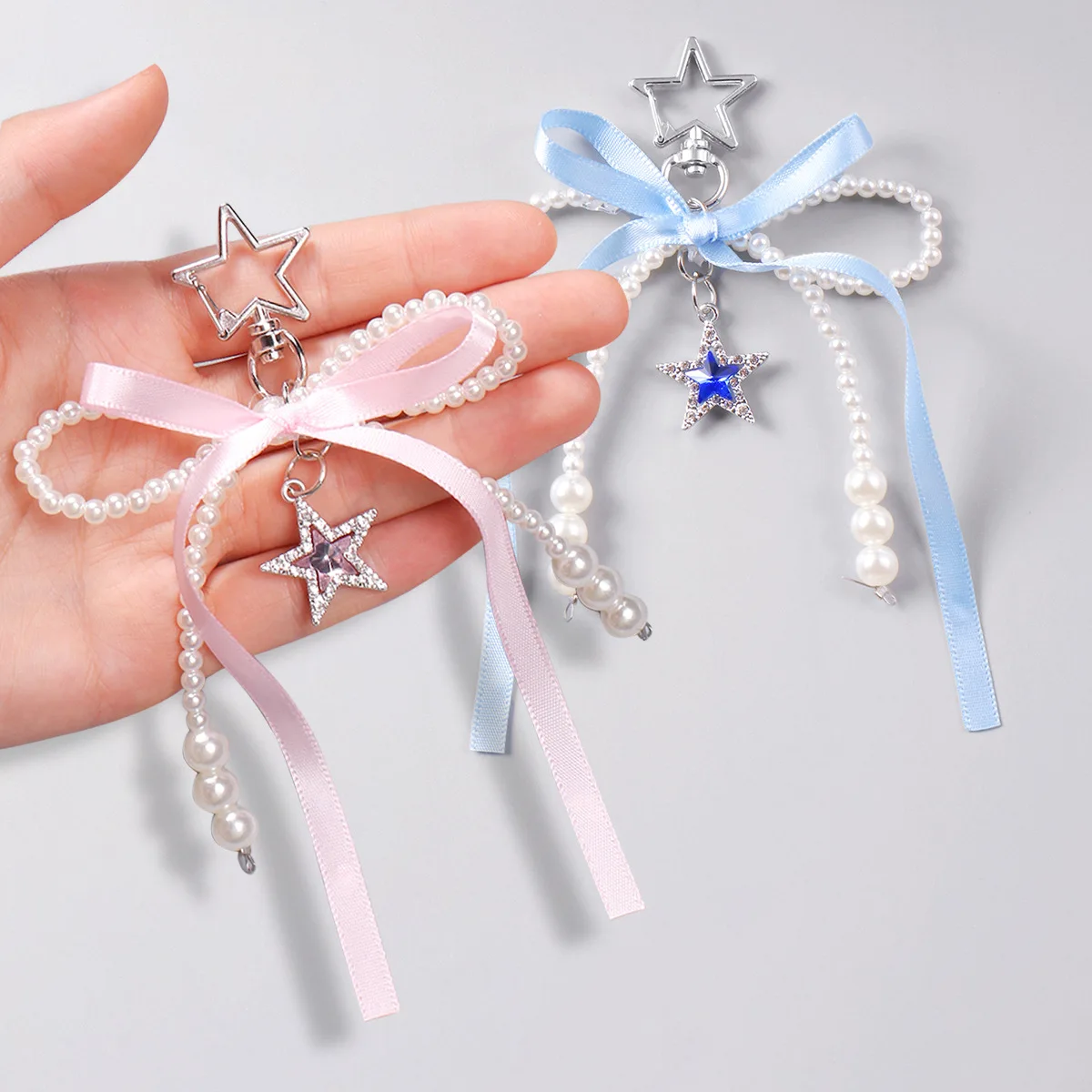 Y2k Korean Fashion Keychain Ribbon Bow Cute Star Heart Bag Pendant Creative Cartoon Keyring Anti-Lost Mobile Phone Lanyard