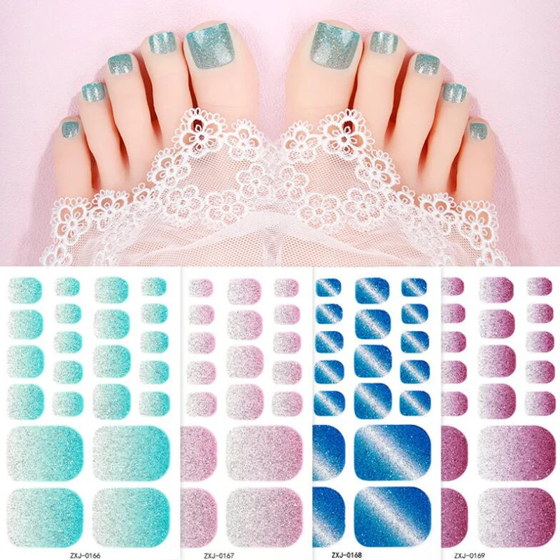 Glitter Solid Toe Nail Stickers copertura completa adesivo Flash Gradient Foot Nail Wraps fai da te finito unghie finte decalcomanie decorazioni