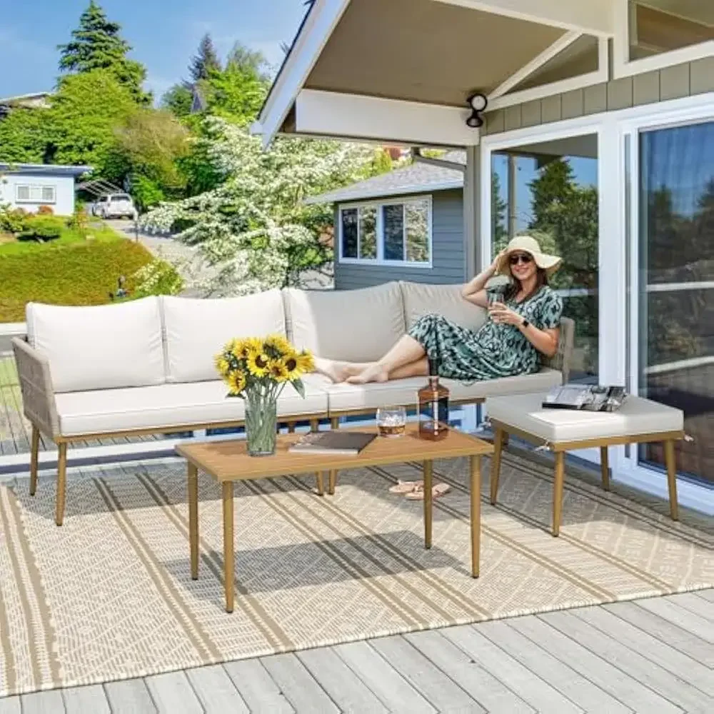 

Patio Furniture Set, 6 Pieces Outdoor Rattan Woven Sectional Sofa Patio Loveseat w/Ottoman and and Side Table, Conversation Set