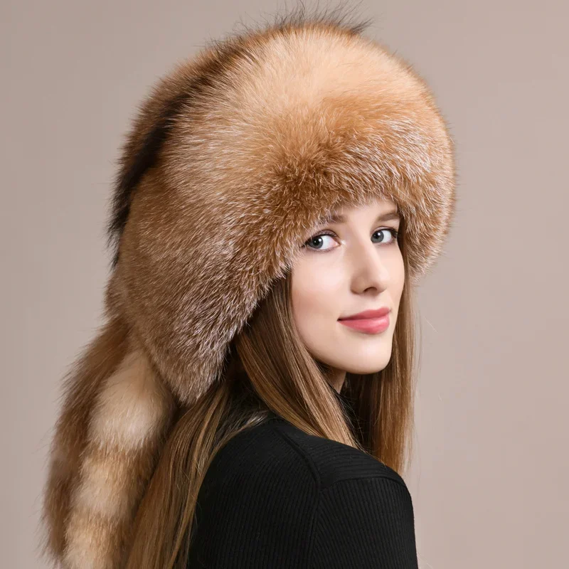 

Fox Fur Hat Women Winter Female Ear Protection Beanines Cap Warm Thicked Hat Outdoor Furry Fur Cap Fashion Real Fur Hats