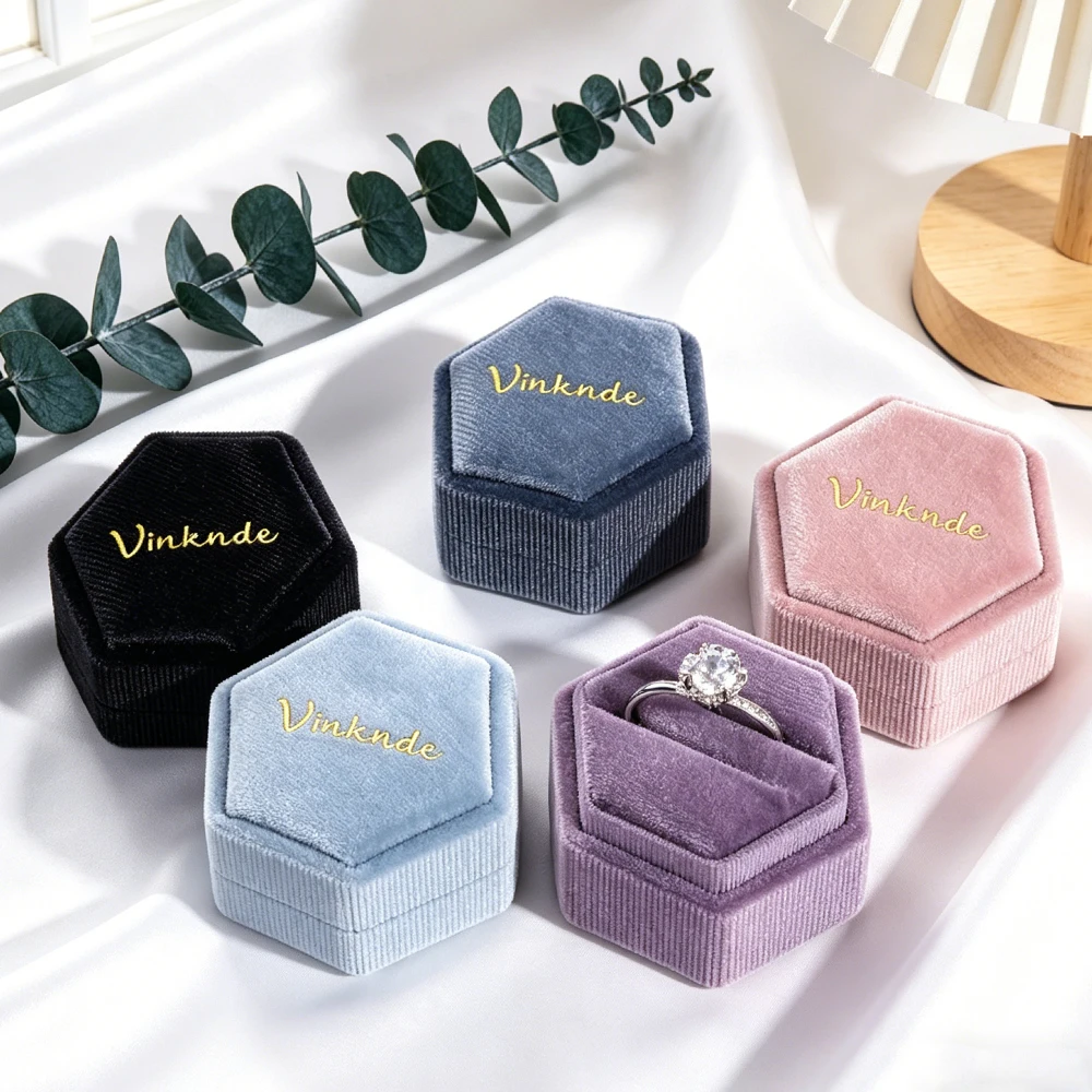 

Bulk 20/50Pcs Customizable Logo Velvet Hexagon Jewelry Box Multi-Color Luxury Couple Double Ring Packaging Case for Wholesale