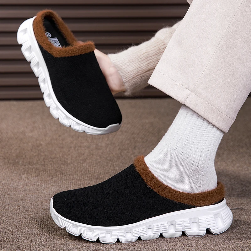 แฟชั่นฤดูหนาว Soft SLIP-ON สไลด์ Scuff Clogs Plush WARM 35 47 48 ขนาดใหญ่ผู้ชายแบนผู้หญิงรองเท้าแตะผ้าฝ้าย