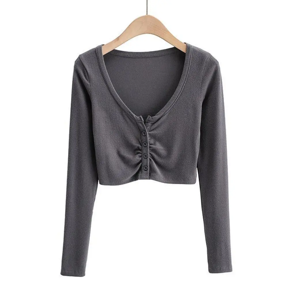 

Women's V-neck Pleated Long-Sleeved Shirt Slim-fit Single-Breasted Fashion Top European American Style for Autumn