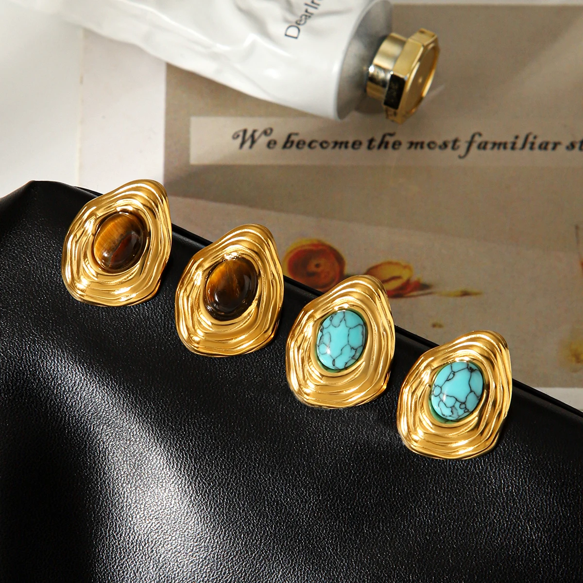 

Huang Chao Design Nature Stone Stainless Steel Geometric Stripe Stud Earrings for Women Daily Wear Jewelry Accessories Gifts