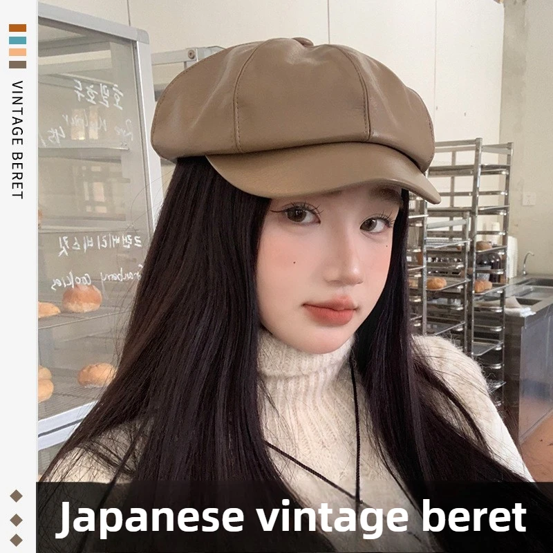 

2025 British Style Vintage PU Leather Octagonal Hat Small Face Beret Unisex Black Leather Cap Women Beret Hat Women's Autumn Cap