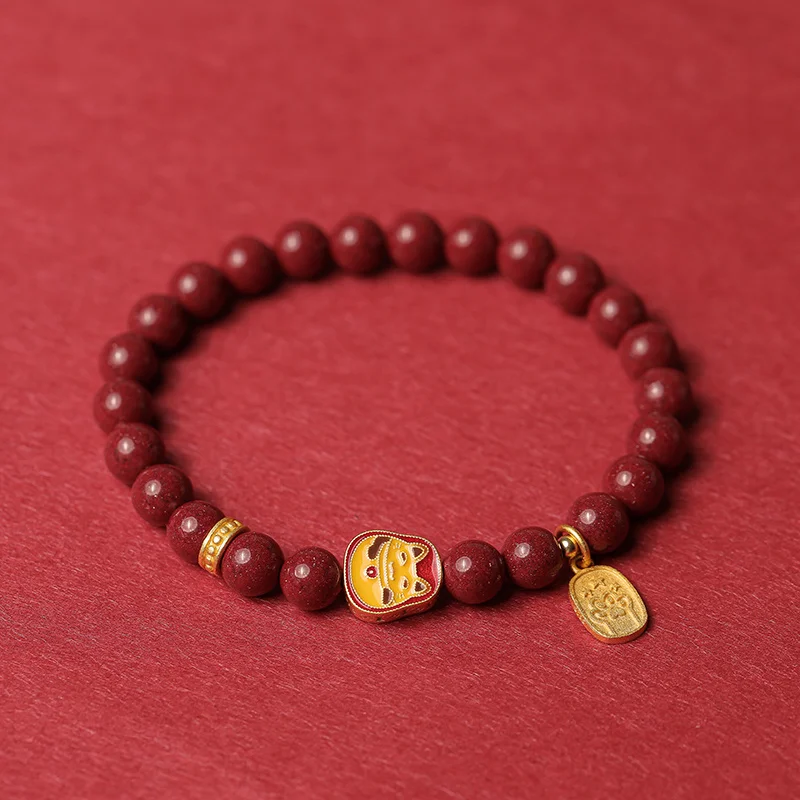 Natural Raw Ore Purple Gold Sand Cinnabar Bracelet Sterling Silver Enamel Lucky Cat Bracelet Women's Life Year Gift